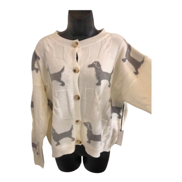 Cream & gray dachshund puppy dog print adorable cardgian sweater size medium new - Picture 9 of 10